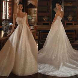 Braut Kleider Berta Pailletten für eine Linie Spaghetti Hochzeitskleid Bone Mieder mit Rückenless Designer Brautkleidern