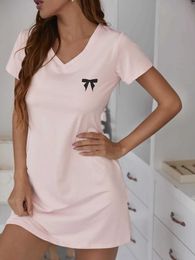 Women's Sleepwear Summer V Neck Sexy Women Slp Dess Bow Print Slpwear Solid Colour Nightwear Short Slve Pyjamas Nighties Nightgown Nightdress Y240426