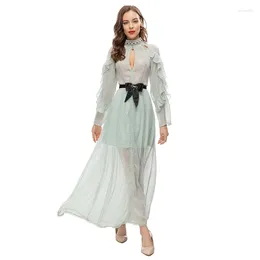 Casual Dresses Pink/Mint Green Hollow Out Stand Collar Flounced Ruffles Long Sleeve Bow Tie Belt Frilly Hem Ankle Length Maxi For Women