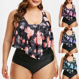 Swimwear New Bikini High Waist Ruffle Edge Printed Swimwear Stripe Split Bikini Plus Size