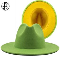 FS 60CM Green Yellow Brim Patchwork Women Men Wide Brim Wool Felt Fedora Hats Panama Jazz Caps Party Cowboy Trilby Gambler Hat43661713552