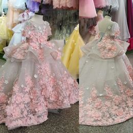 Meninas novas mangas de vestidos de flor curta para casamentos Apliques de renda rosa 3d Flores florais vestido de bola de bola de aniversario de comunhão