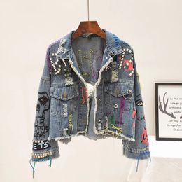 Spring Autumn Women Street Fashion Graffiti Denim Jacket Female Personality Short Raw Cut Rivet Fringe Jean Coat 240426