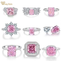 Band Rings Wong Rain 925 SterlSilver Crushed Ice Cut Pink Sapphire High Carbon Diamond Gemstone Engagement Fine Jewelry RWholesale J240429