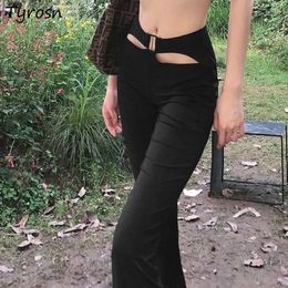 Women's Pants Hollow Out Black Flare Women Skinny Sexy Temperament Fashion Ladies Chic Casual Vintage Pure Streetwear All-match Trousers