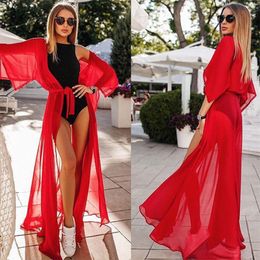 Sexy Beach Long Dress Summer Women Red Robe Bikini Cover Up Tunic Chiffon See-through Swimsuit Long Beachwear 271M