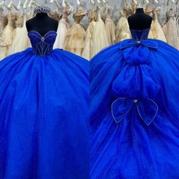 Blue Princess Dresses Prom Gown Royal Ball Rhinestones Sweetheart Glitter paljetter Vestido de Quinceanera Bow 15 Masquerade Dress