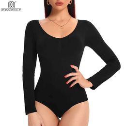 Women's Shapers Women Thermal Bodysuit Underwear MISS MOLY V NECK Seamless Shaper Long Slve Autumn Winter Corset Fajas Waist Trainer Slim Tops Y240429