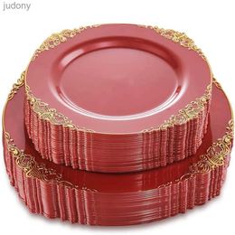 Disposable Plastic Tableware 20 pieces of disposable desktop software with 7.5 inch and 10.25-inch red plastic trays WX