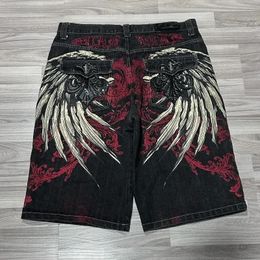 Gothic hip-hop wings oversized pattern printed baggy denim shorts for men 2000s summer fashion high street y2k pants 240428