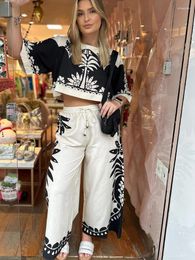 Women's Two Piece Pants Vintage Printed Contrast Wide Leg Suits Women Casual Loose O Neck Half Sleeves Cropped Tops Sets Summer Lady Street