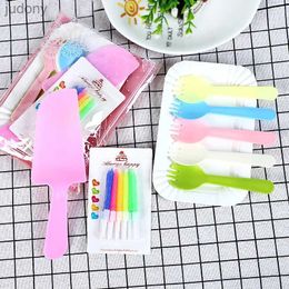 Disposable Plastic Tableware 10 person Colourful pink blue birthday cake Kknife fork set plastic disposable dining plate set baking cake table WX