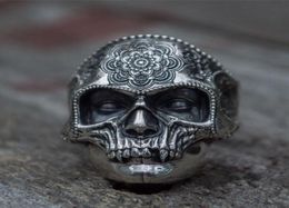 Unique Silver Color 316L Stainless Steel Heavy Sugar Skull Ring Mens Mandala Flower Santa Muerte Biker Jewelry5458860