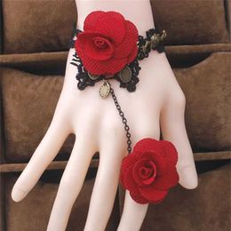 Chain Retro Red Rose Bracelets Finger Rings Woman Flower Lace Bracelet with Ring One Opisthenar Fashion Jewelry Party Cosplay Gift