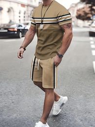 Trend Colour Block TShirt and Drawstring Shorts Set Mens Summer Casual Sports Short Sleeve Suit 240422