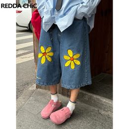 ReddaChic Retro Blue Bloom Denim Shorts Men Skater Oversize Wide Leg Casual Pants Baggy Jeans Jorts Y2k Hiphop Korean Streetwear 240426