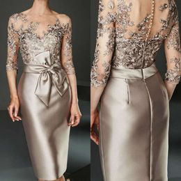 2021 드레스의 샴페인 신부 무릎 길이 새틴 레이스 애플리케 어머니 결혼식 아랍어 이브닝 드레스