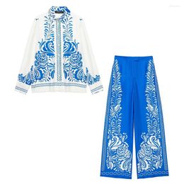 Women's Two Piece Pants Spring/Summer Wear 2024 Casual Silk Flower Printed Shirt Retro Long Sleeved Top High Waist Set