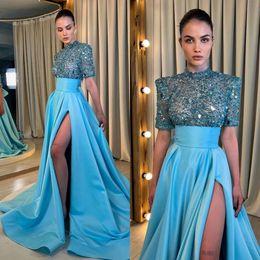 Kleiderlinie Blue Elegant Lake Ein Abend hoher Nacken Kurzarm Pailletten Party Abschlussball Split Sweep Zug langes Kleid für besondere OCN