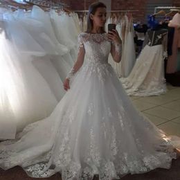 Suknia ślubna suknie ślubne wspaniałe długie rękawy koronkowe aplikacje Tiul Siez pociąg Bateau dekolt Paleśnie plus rozmiar wykonany na zamówienie vestido de novia 403