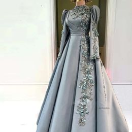 Exquisite 3D Flowers Muslim Women Evening Dresses Pearls Appliques Dubai Caftan Formal Gown For Engagement Ruched Islam Vestido 0431