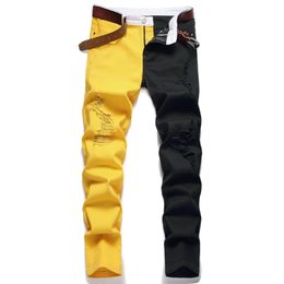 Осенняя модная мужчина Y2K Черно -желтые пятнистые джинсы Винтажные разорванные отверстия узкие джинсы мужчина джинсовые брюки Pantalon Homme 240425