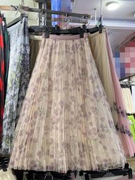Skirts French Chic Sweet For Women Mesh Floral Printed A-line Female Long Skirt Ladies High Waist Almighty Drop