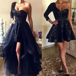 Sexy Cheap Bling Black A Line Prom Sequined One Shoulder Short Evening Dresses With Detachable Tulle Skirt 0430
