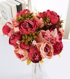 13 BranchBouquet Artificial flowers Peony Vivid flores artificiales Fake Silk Rose Bridal Wedding decor wreath gland home7667512