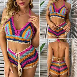 Women's Swimwear 2024 Sexy And Fashionable Bikini Swimsuit Split Knitted Colorful Stripes Anti Fading