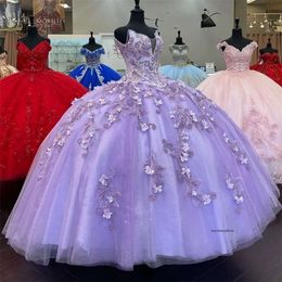 2021 لافندر ثوب الكرة منتفخ منتفخ ، فستان quinceanera حبات حلوة 16 فستان بالإضافة إلى حجم العباءات فيستدو دي 15 anos xv 0431