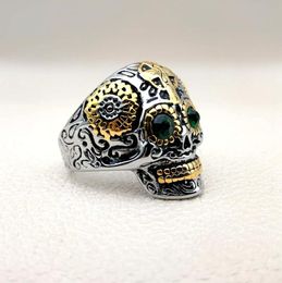 Punk Vintage Skull Men's Ring Titanium Green Eye Ring03054443