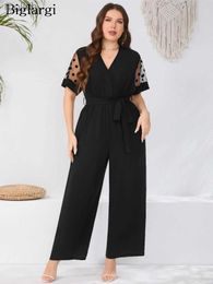 Women's T-Shirt Plus size summer jumpsuit womens polka dot print fashionable lace patchwork short sleeved womens jumpsuit casual loose fitting womens jumpsuitWX