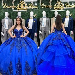 Ball Sweetheart Gown Blue Dresses Royal Princess Sequins Appliques Vestido De Quinceanera Tulle Sweet 15 Masquerade Dress