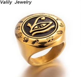 Cluster Rings Valily Men039s Stainless Steel Egypt Eye Of Horus Ring Gold Round Top Signet Protection Symbol Jewellery For Man3702676