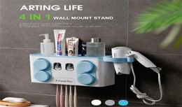 4 in 1 Automatic Toothpaste Dispenser Wall Mounted Toothbrush Holder Cups Hair Dryer Holder Bathroom Set Storage Shelf Rack5675439