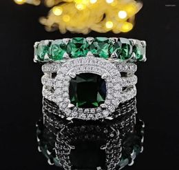 Cluster Rings 2022 Green Silver Color Cushion Cut Finger Ring Sets For Women Jewelry Pure Wedding Engagement Personalized R57146001317