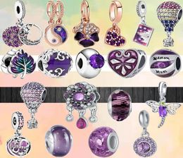 Fit charms 925 bracelet Bead Original box Fashion Purple Flowers Love Leaves Zircon European charm jewelry8946712
