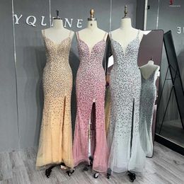 Party Dresses Luxury Vestidos Silver Rhinestones Evening Mermaid Straps Tulle Crystals Beaded Women Gown YQLNNE