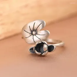 Cluster Rings Simple Design Style Lotus Leaf And Flower S925 Sterling Silver Women Open Adjustable Ring
