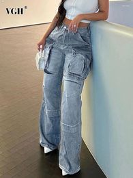 Women's Jeans VGH Solid Casual Denim Wide Leg Pants For Women High Waist Patchwork Pockets Loose Floor Length Female Fashion Clothing