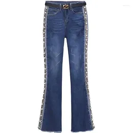 Women's Jeans Nail Bead Cowboy Bell-Bottoms Women Autumn High-Waist Contrast Colour Slim And High-Hanging Denim Micro-Trousers