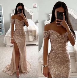 Elegant Champagne Prom Dresses Off Shoulder Glitter Sequins Evening Dress Pleats Split Formal Long Special Ocn Party Dress 0431