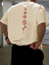 Mens Summer Loose Fit 100 Cotton Rose pattern Print Tshirt Tops 240425