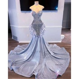 Sier Sparkling Long Prom Dresses For Black Girls 2024 With Feathers Beaded Mermaid Birthday Party Gowns Vestidos De Novia 0431