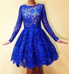 Longsleeved Blue Lace Homecoming Dresses Knee Length Ruched Top Quality Dresses Party Evening Simple Classic Short Prom Party Dre5276286