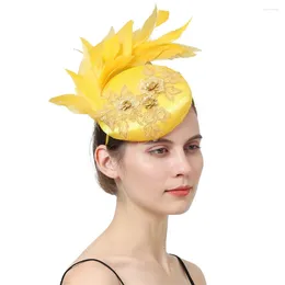 Berets Yellow Formal Satin Hair Fascinator Hat Evening Party Ladies Headpiece Nice Gril Mesh Bridal Wedding With Feathers