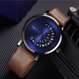 Yazolel Unique Dial Personality Turntable Design Mens Watch Smart Sports Clear World Time Watches Leather Strap Youth Wristwatches Surprise Gift 271s
