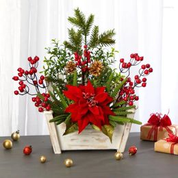 Decorative Flowers Poinsettia Succulent And Berry Artificial Flower Arrangement In Bench Planter Red
