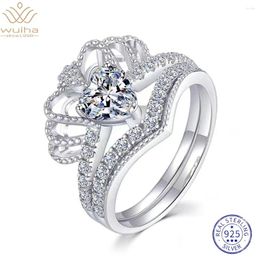 Cluster Rings WUIHA 925 Sterling Silver Heart 6.5MM GRA Moissanite Diamond Wedding Crown Ring Set For Women Anniversary Gift Fine Jewellery